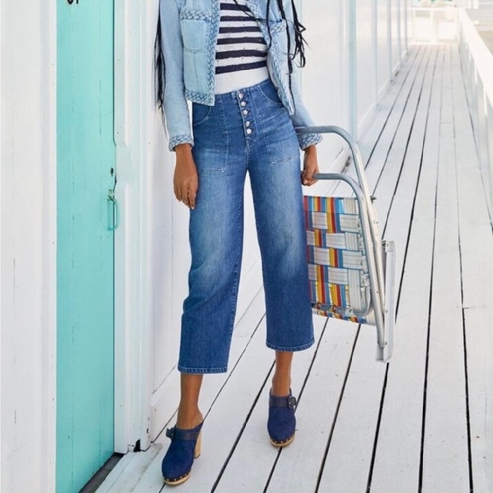 Veronica Beard Blue Crosbie Cropped Wide Leg High Rise Jeans